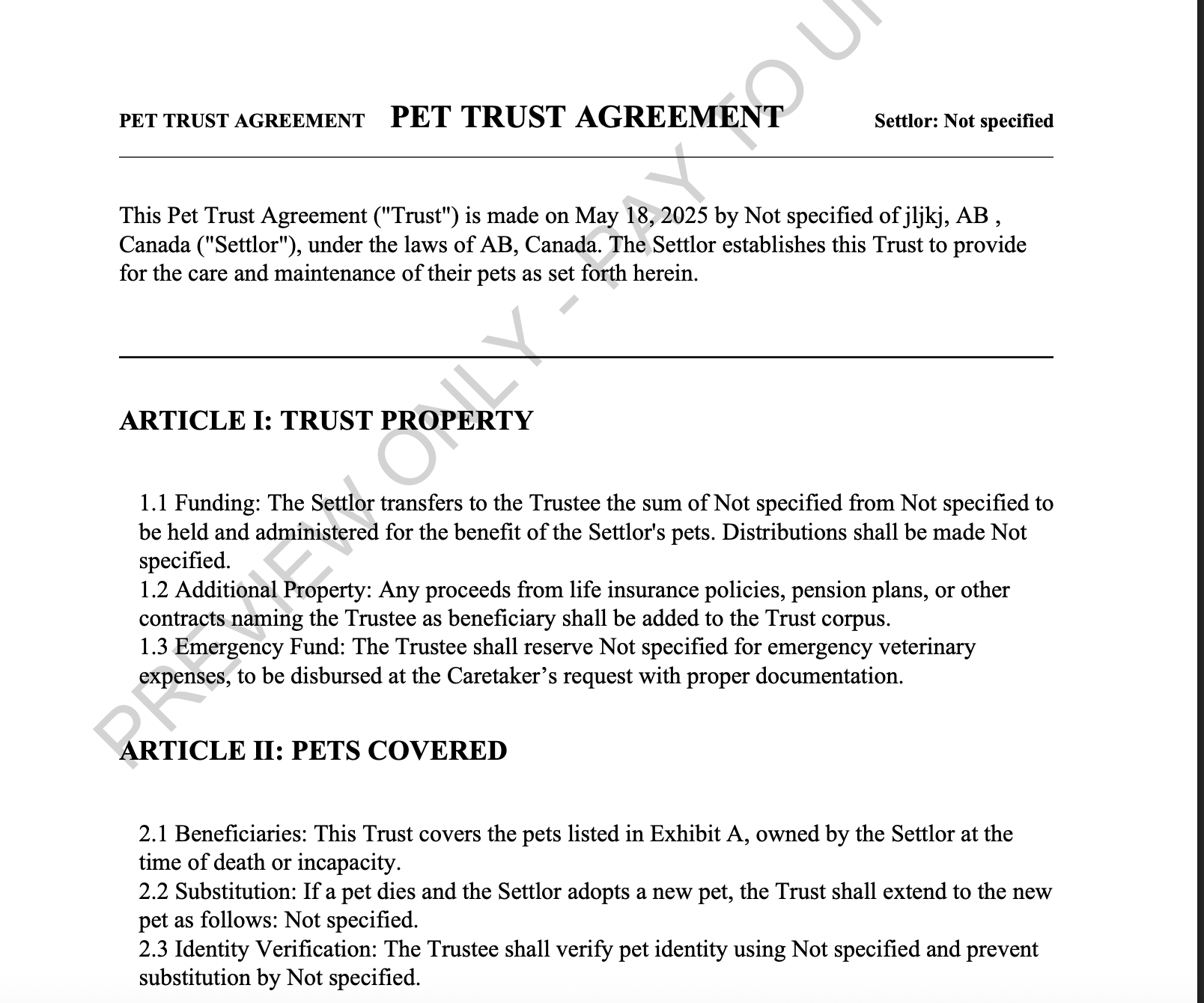 Step 3: Preview your pet trust form